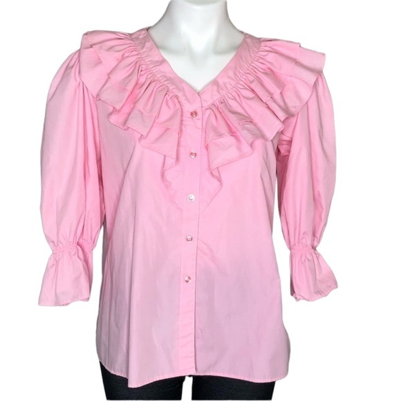 Malco Modes pink ruffle button down, medium - Picture 2 of 7